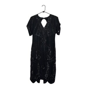 SweeLo Vintage 1920 Black Beaded 100% Silk Flapper Dress Sequin Art Deco Size PL